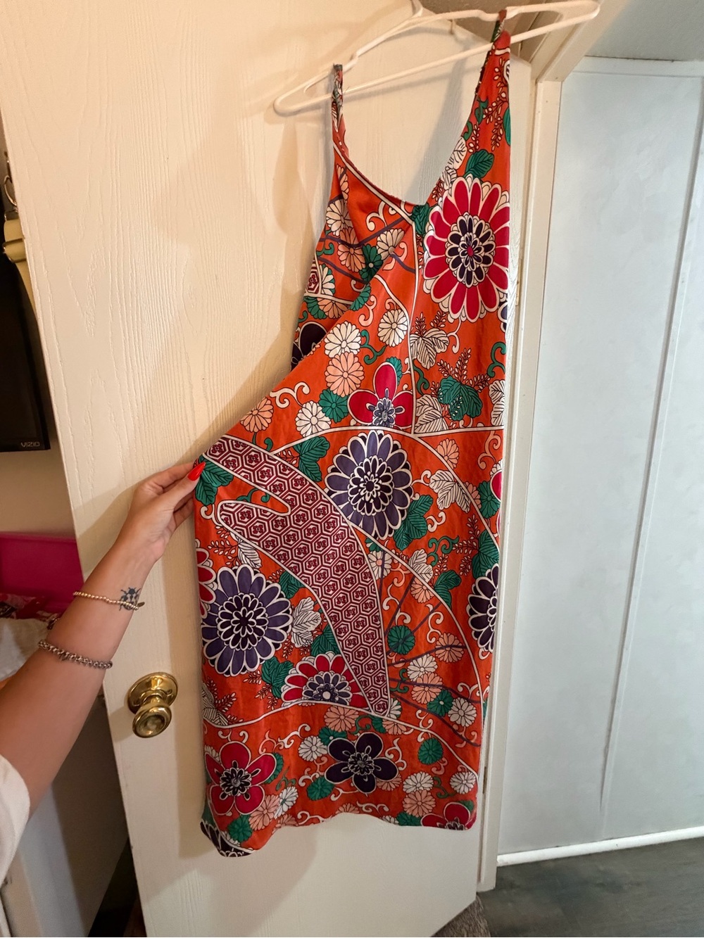 Natori Orange Floral Slip Dress with Purple and Pink Accents